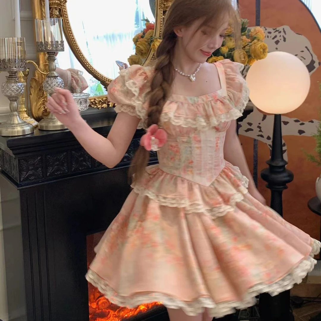 冰冰来了【朝花夕拾】法式纯欲蕾丝碎花裙少女高腰A字连衣裙26043