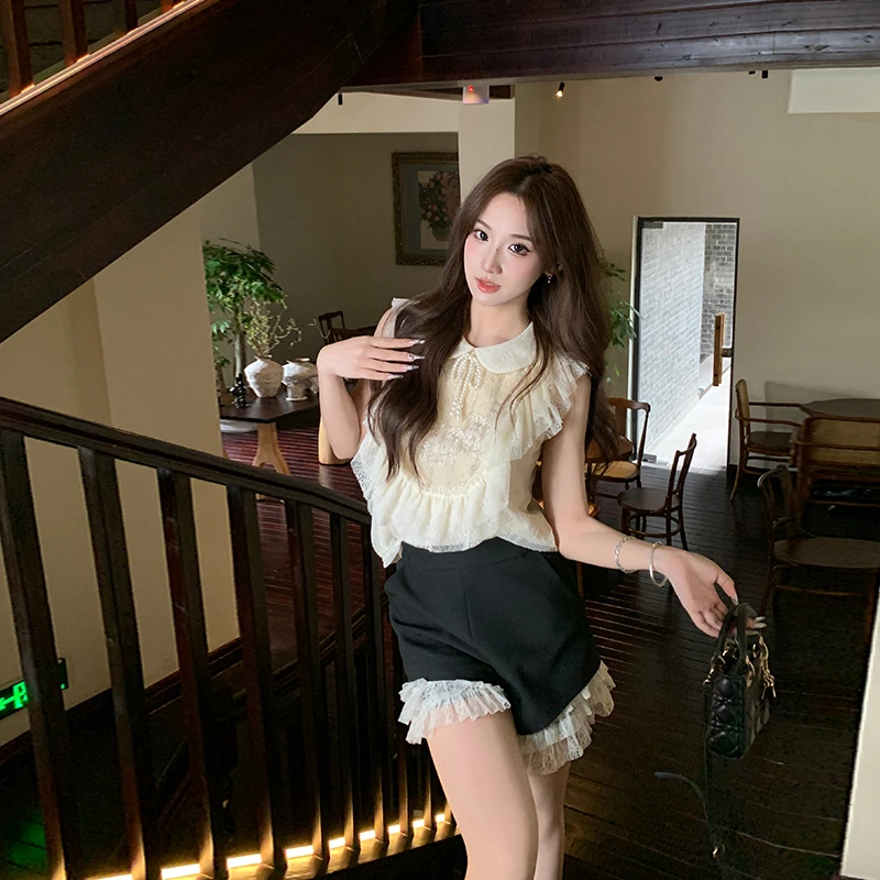 冰冰来了【甜恋时分】温柔重工娃娃领无袖上衣高腰A字裙套装26133