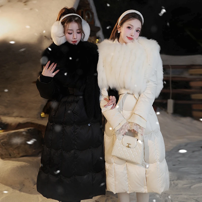 冰冰来了丨黑与霜白轻奢高级感狐狸毛披肩羽绒服外套中长款26497