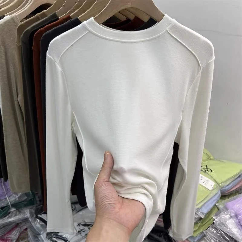 莫代尔春秋冬大码鱼骨长袖T恤女新款修身内搭百搭打底衫上衣潮