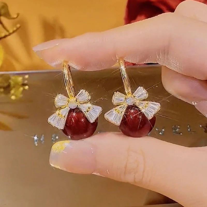 铜合金耳饰 小众设计感红色珠珠满锆蝴蝶结耳扣显气质耳环耳饰女