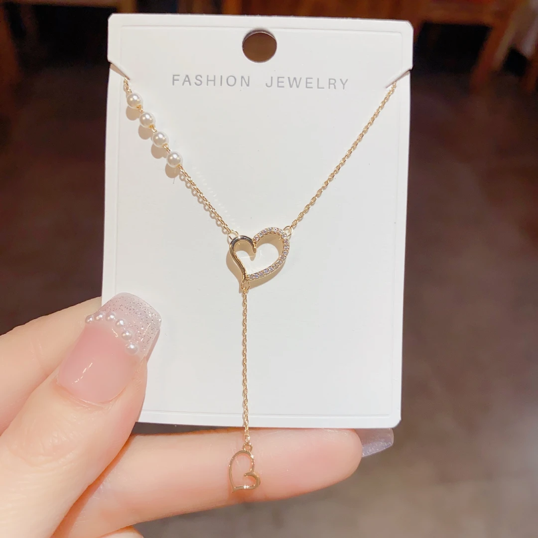 铜合金吊坠 超仙轻奢微镶爱心流苏项链女小众设计感气质 锁骨链女