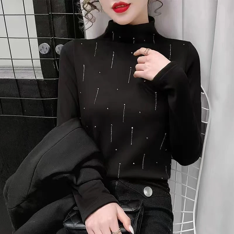 【LULU】新款烫钻德绒半高领打底衫女内搭长袖修身显瘦T恤