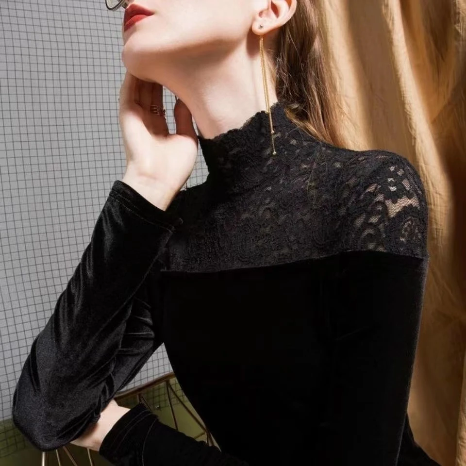 新款蕾丝拼接金丝绒冬季打底衫洋气加绒女修身内搭长袖半高领小衫