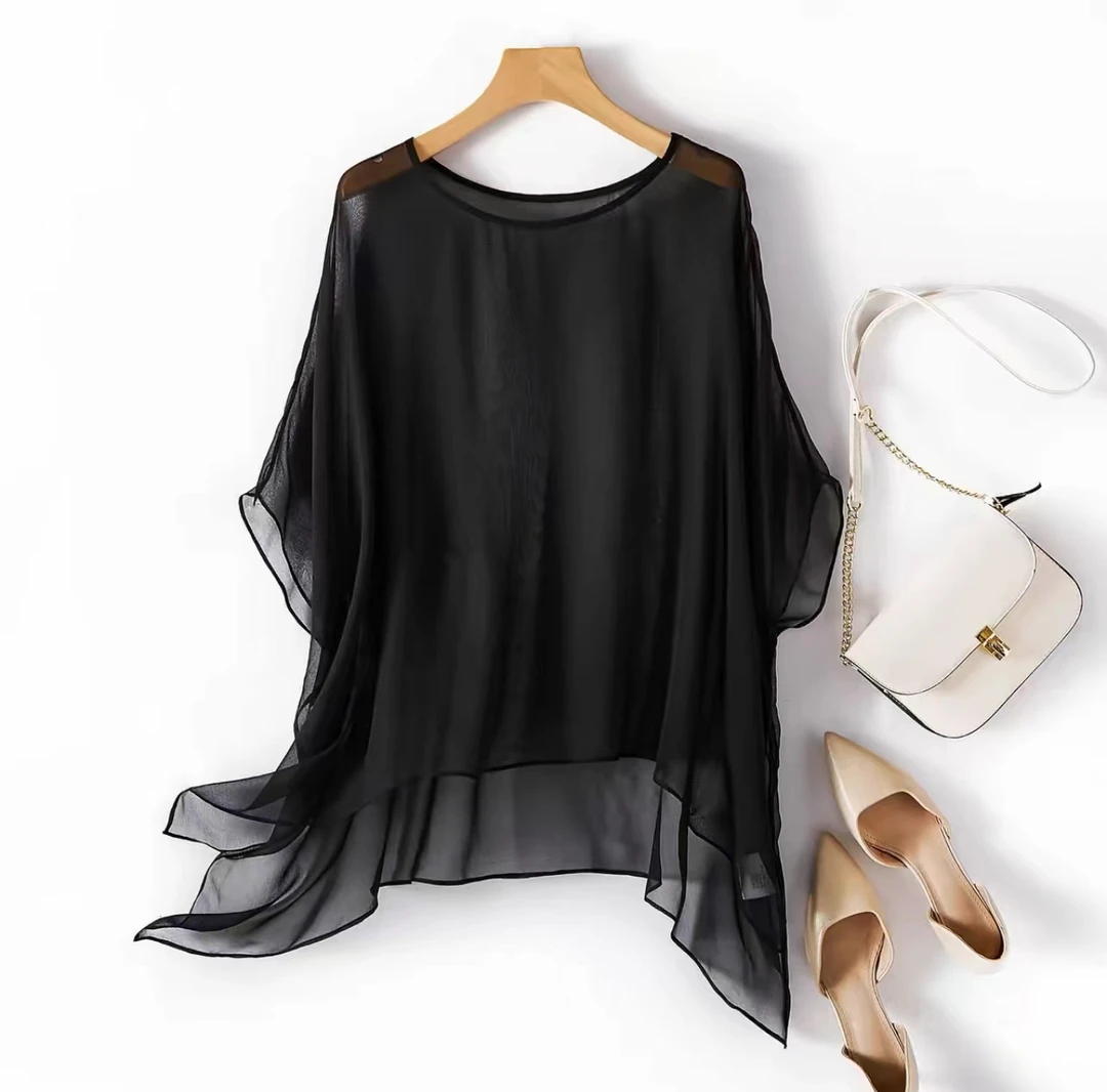 2025欧版新款女装外搭防晒宽松圆领不对称薄纱斗篷外套