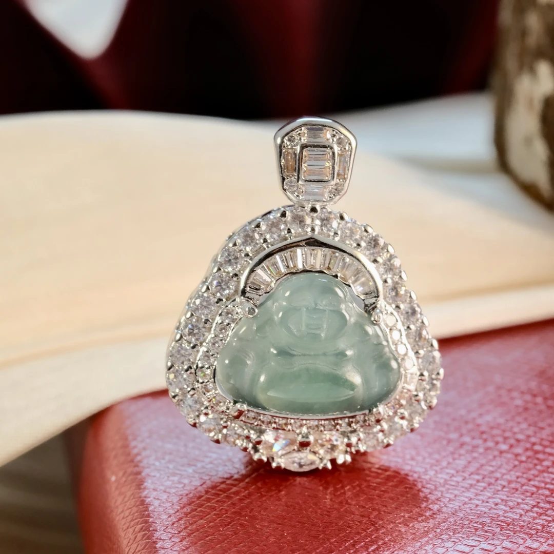 高定珠宝蓝水翡翠佛公吊坠-f789合金