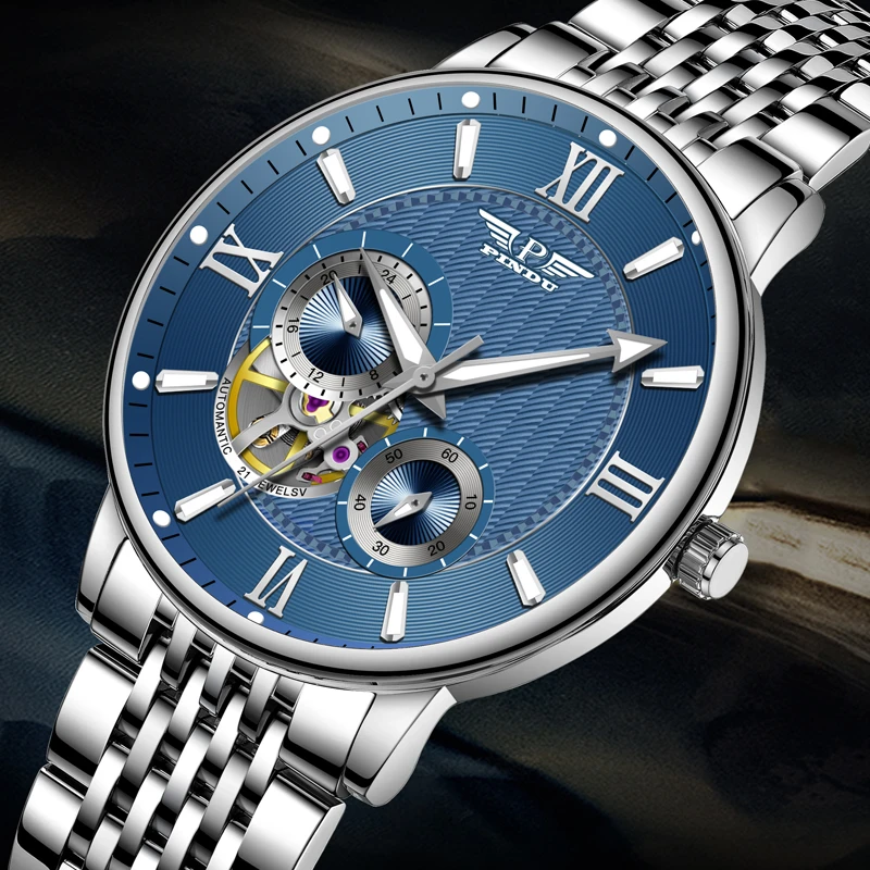 新款超薄全自动机械表防水夜光陀飞轮背透商务飞行员镂空男士手表