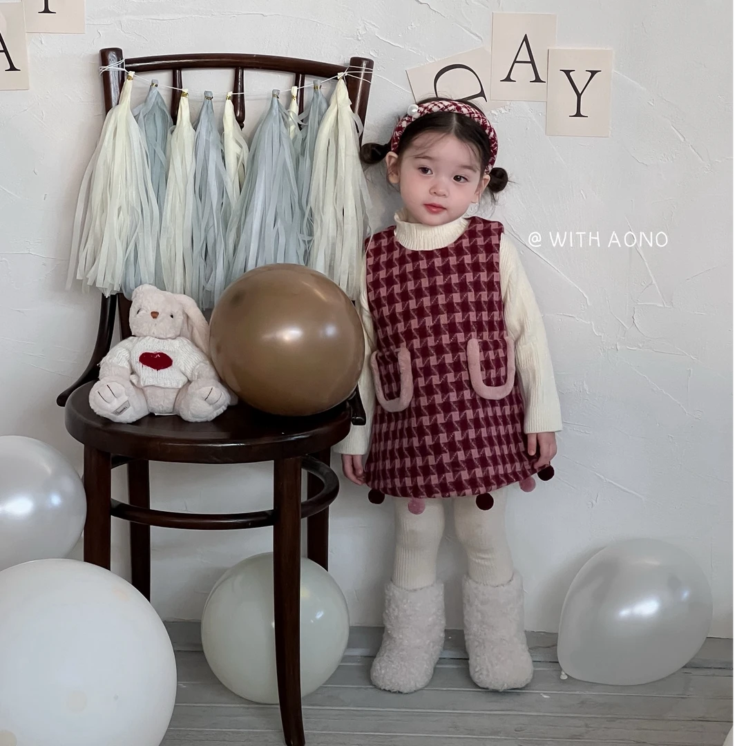 （直播间扣号链接）千鸟格背心裙女宝秋冬季红色格子裙周岁百天