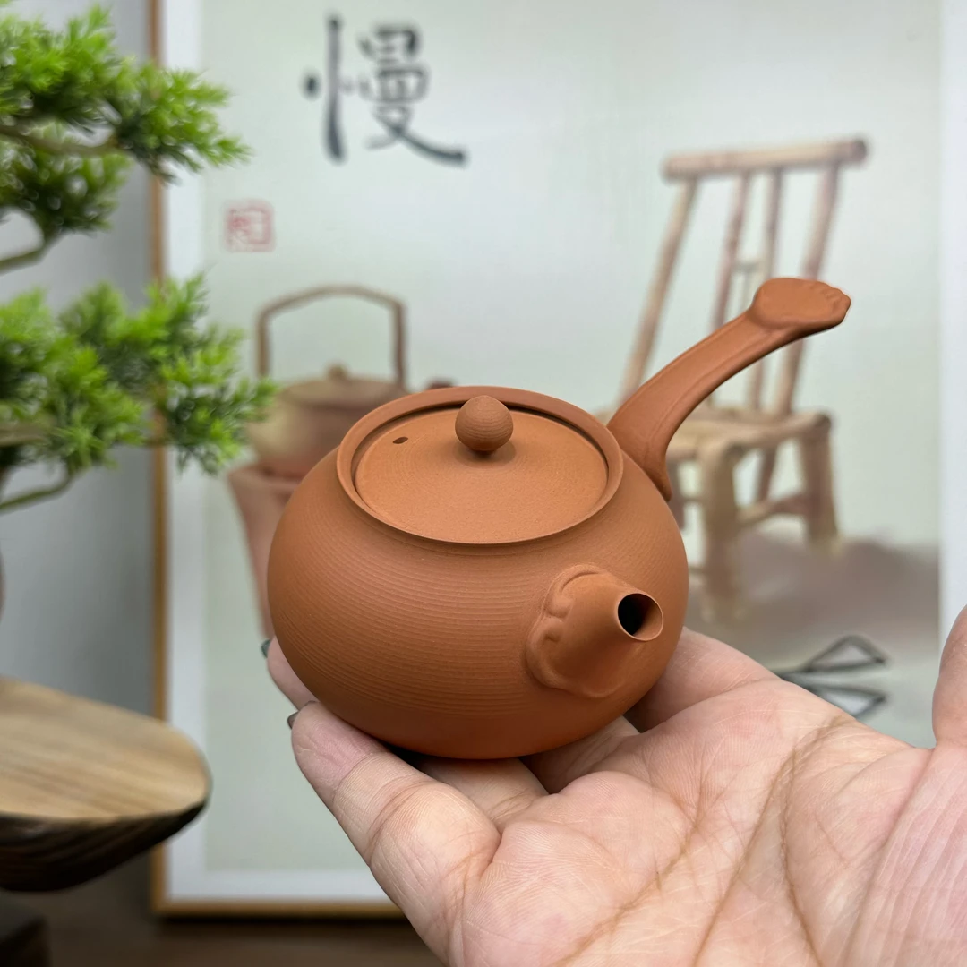 潮州手拉壶红泥侧把壶超薄急须壶泡茶壶手工手拉壶潮州家用茶壶