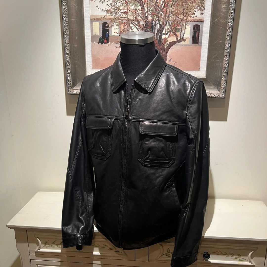 D.N金光山羊皮翻领真皮皮夹克天花板男士春秋真皮