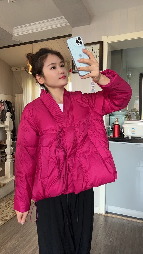 冬季汉服系短款轻薄羽绒服女宽松v领外套8818