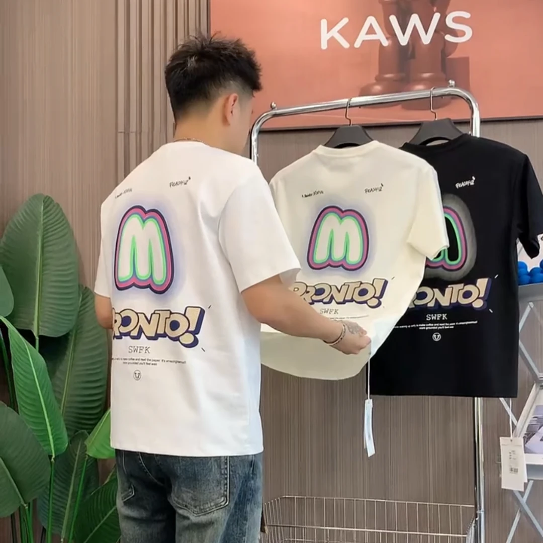 短袖T恤夏季薄款潮流百搭休闲上衣男潮牌体恤衫白色字母后背印花