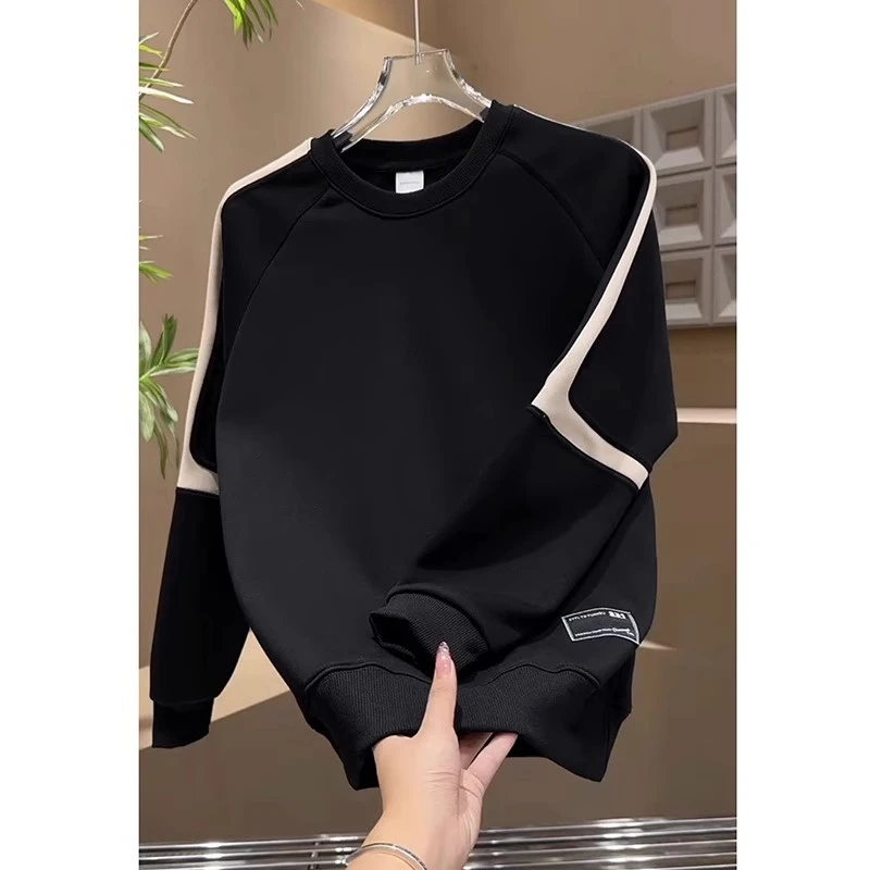 秋冬新款美式复古拼色卫衣男冬季加绒简约宽松圆领长袖套头打底衫