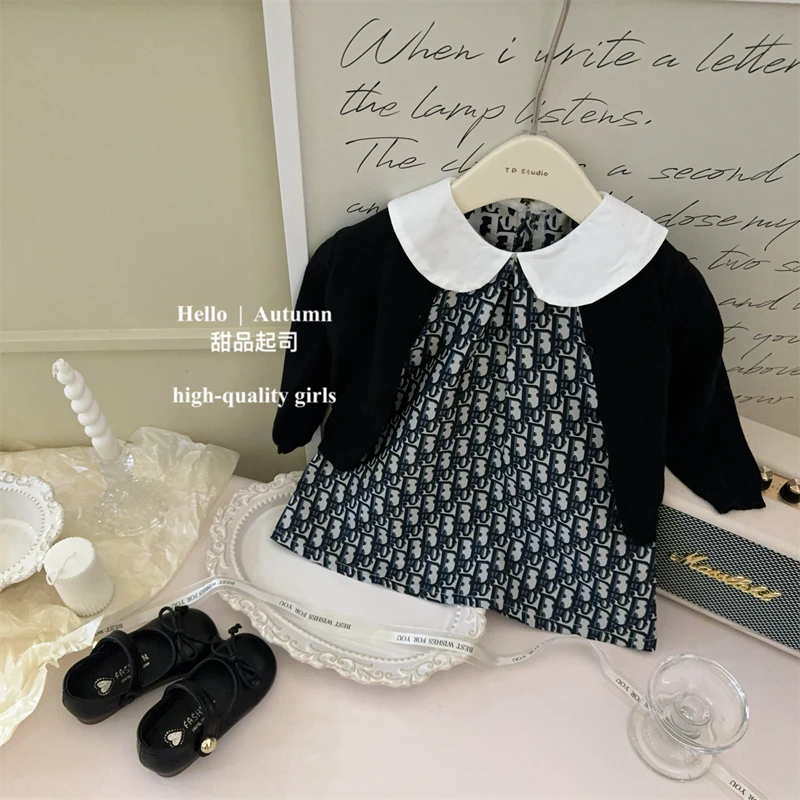 【甜品起司】D家学院风！女宝宝娃娃领精致提花A版公主裙开衫套装