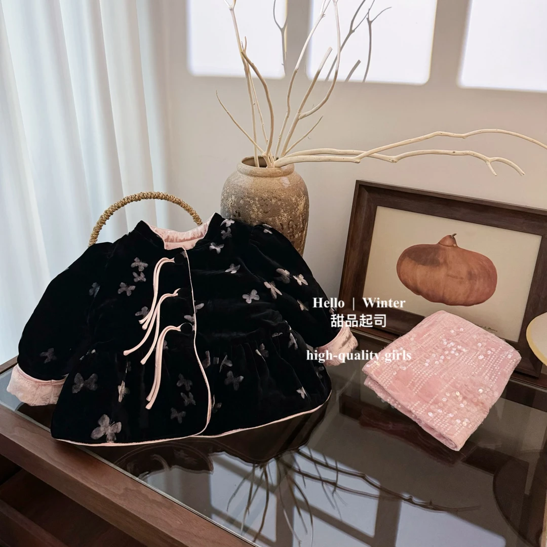 【甜品起司】女童蝴蝶结丝绒棉服套装冬装洋气外套新中式年服国风
