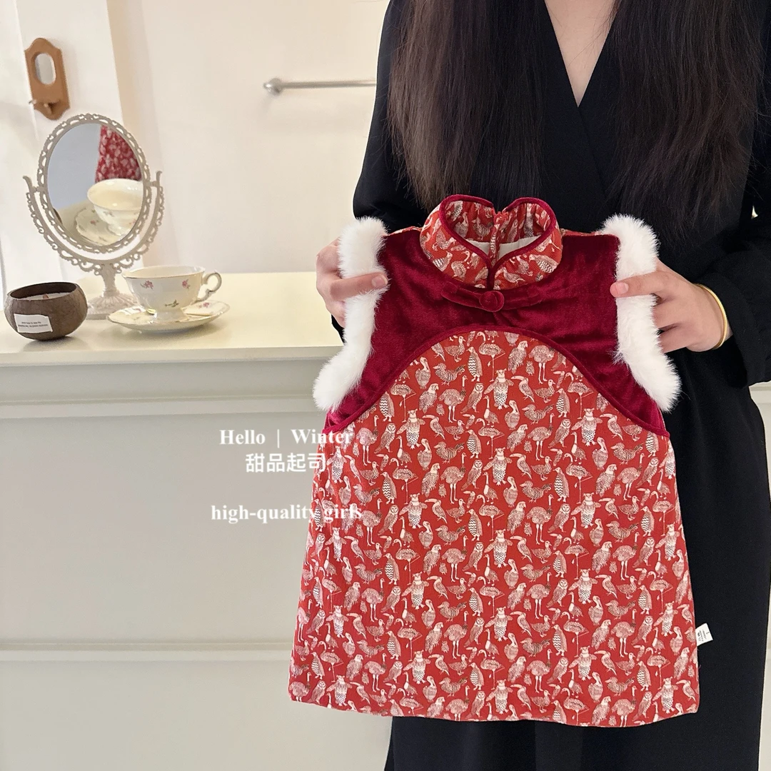 【甜品起司】女童动物印花中式旗袍裙2023冬季新款女宝洋气年服