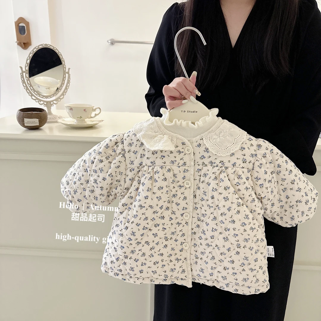 【甜品起司】女宝宝韩版蕾丝翻领碎花外套中长款洋气甜美棉服