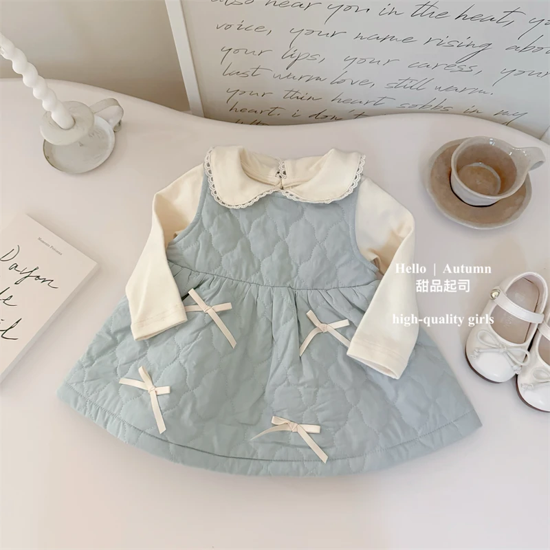 【甜品起司】韩国女宝宝蝴蝶结背心裙公主裙甜美荷叶娃娃衫套装