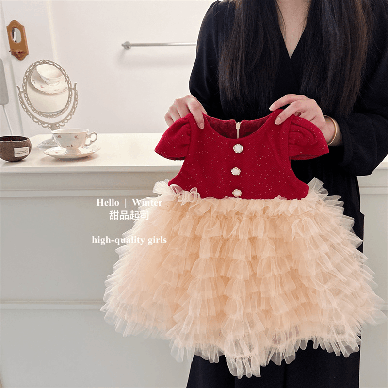 【甜品起司】女童重工层层蛋糕裙女童秋冬百搭无袖背心裙网纱洋气