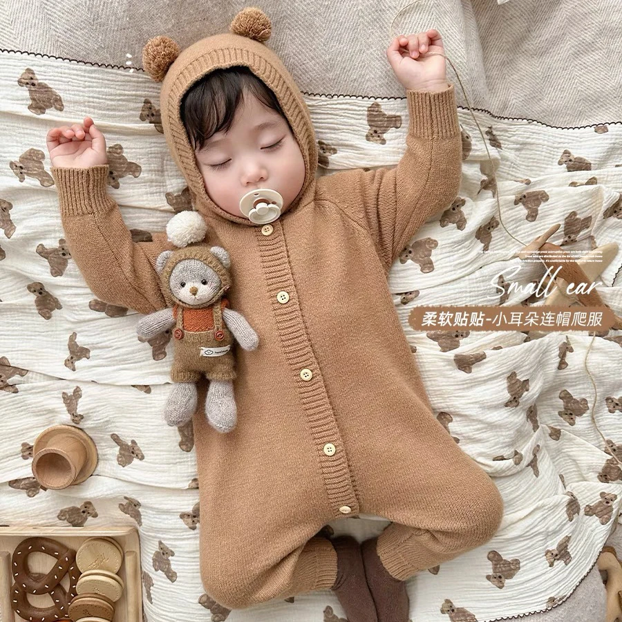 【现现】ins婴幼儿宝宝针织连体衣韩国婴儿兔子耳朵毛衣爬服