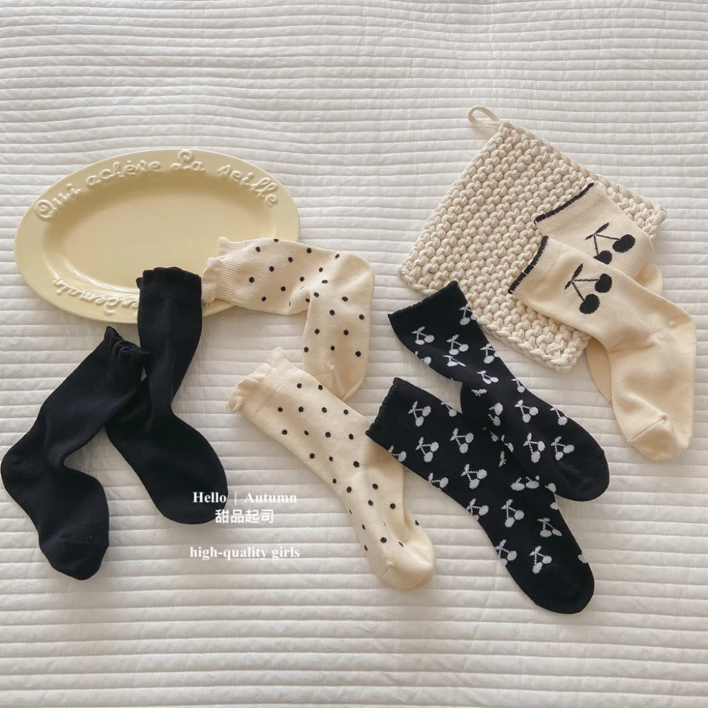 【甜品起司】四双一组。ins女宝樱桃袜子黑白潮袜花边公主袜