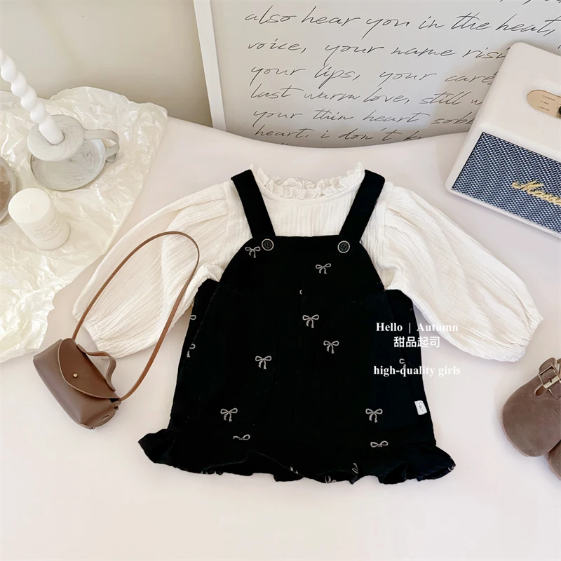 【甜品起司】韩代同款女宝宝蝴蝶结可爱牛仔背带蝴蝶结棉纱衬衫套装