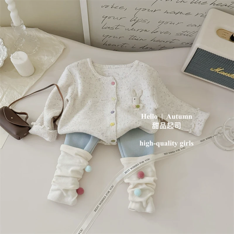【甜品起司】韩国童装女宝宝立体兔子开衫毛衣外套球球打底裤套装