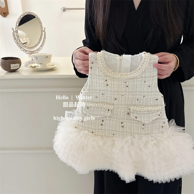 【甜品起司】小香风女宝宝重工珍珠蓬蓬纱裙蛋糕背心裙公主裙