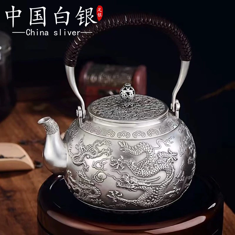 足银银制品 龙凤呈祥纯银茶具999泡茶壶纯手工银壶家用烧水壶送礼