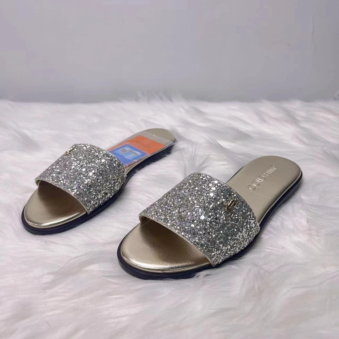 JIMMY CHOO/吉米周【99新】银白色闪粉平底拖鞋 36码 编号：Y124