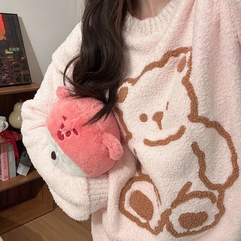 粉色小熊睡衣女秋冬加绒加厚半边绒套装2024新款高级感网红家居服
