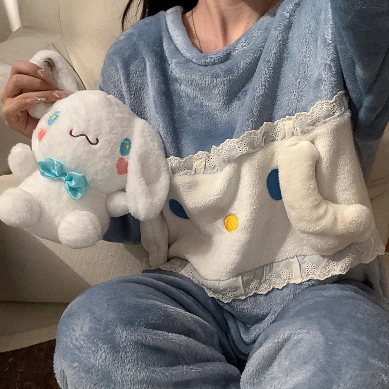 甜美少女玉桂狗印花珊瑚绒睡衣女冬季2024新款加厚毛绒家居服套装