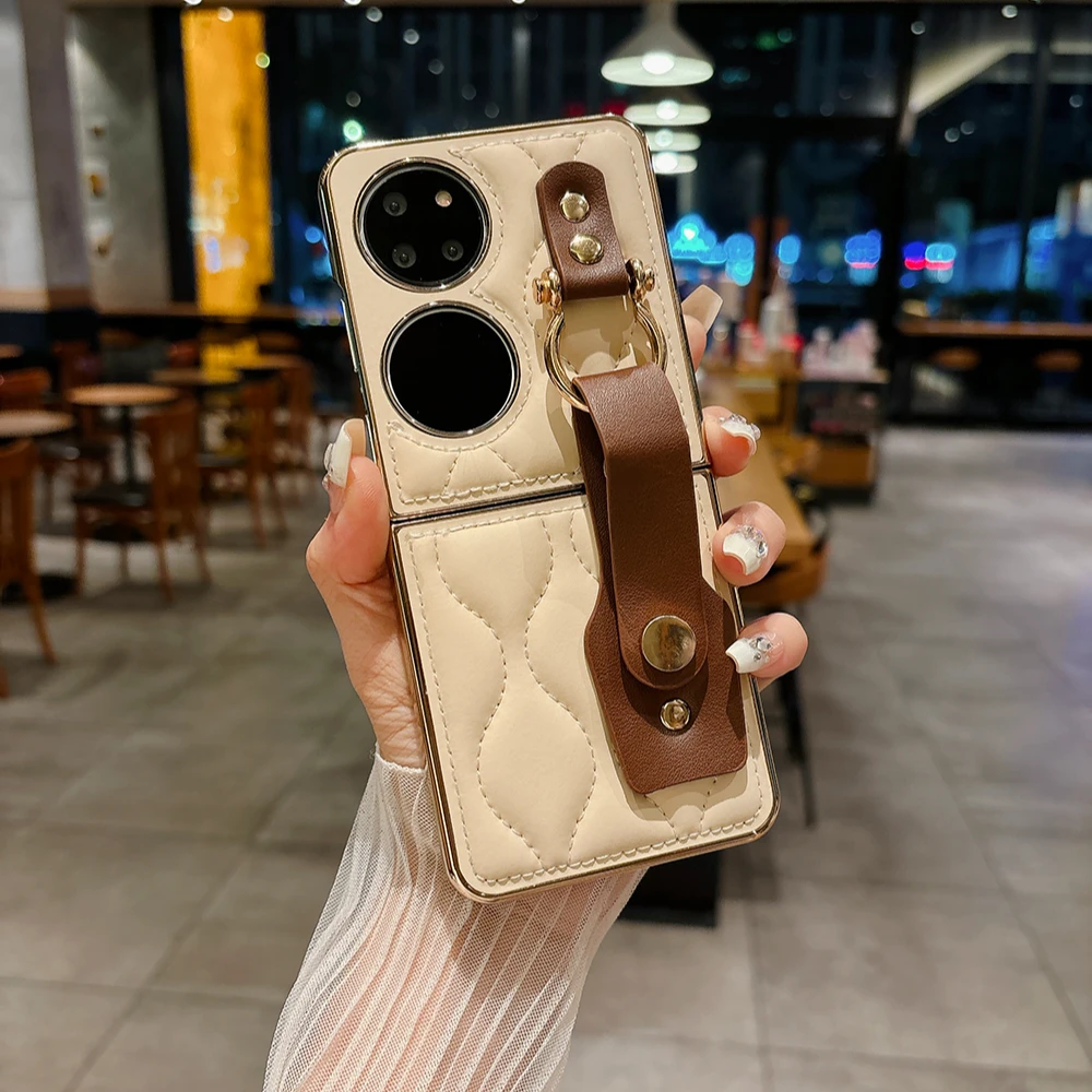 皮质纽扣手拿腕带适用华为p50pocket手机壳pocket2保护套pockets