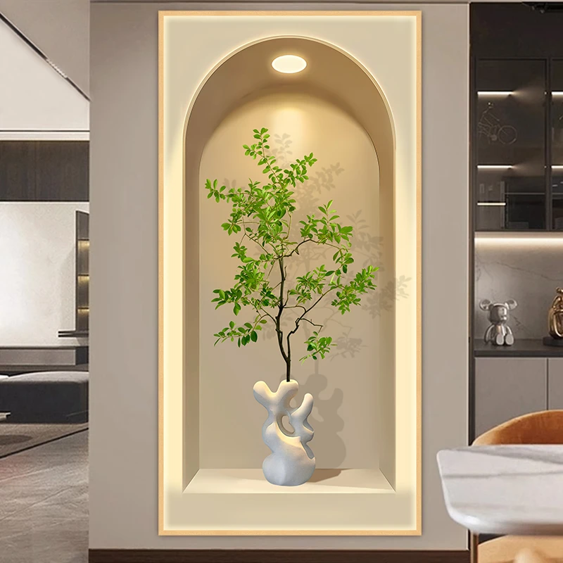 中式玄关装饰画3d自粘墙贴画客厅过道走廊竖版仿真绿植背景墙壁画