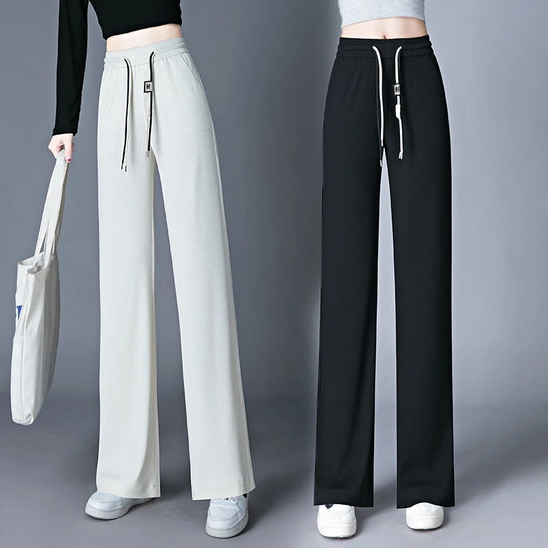 休闲运动阔腿裤2023年春季新品高腰宽松显瘦垂感窄版直筒裤百搭