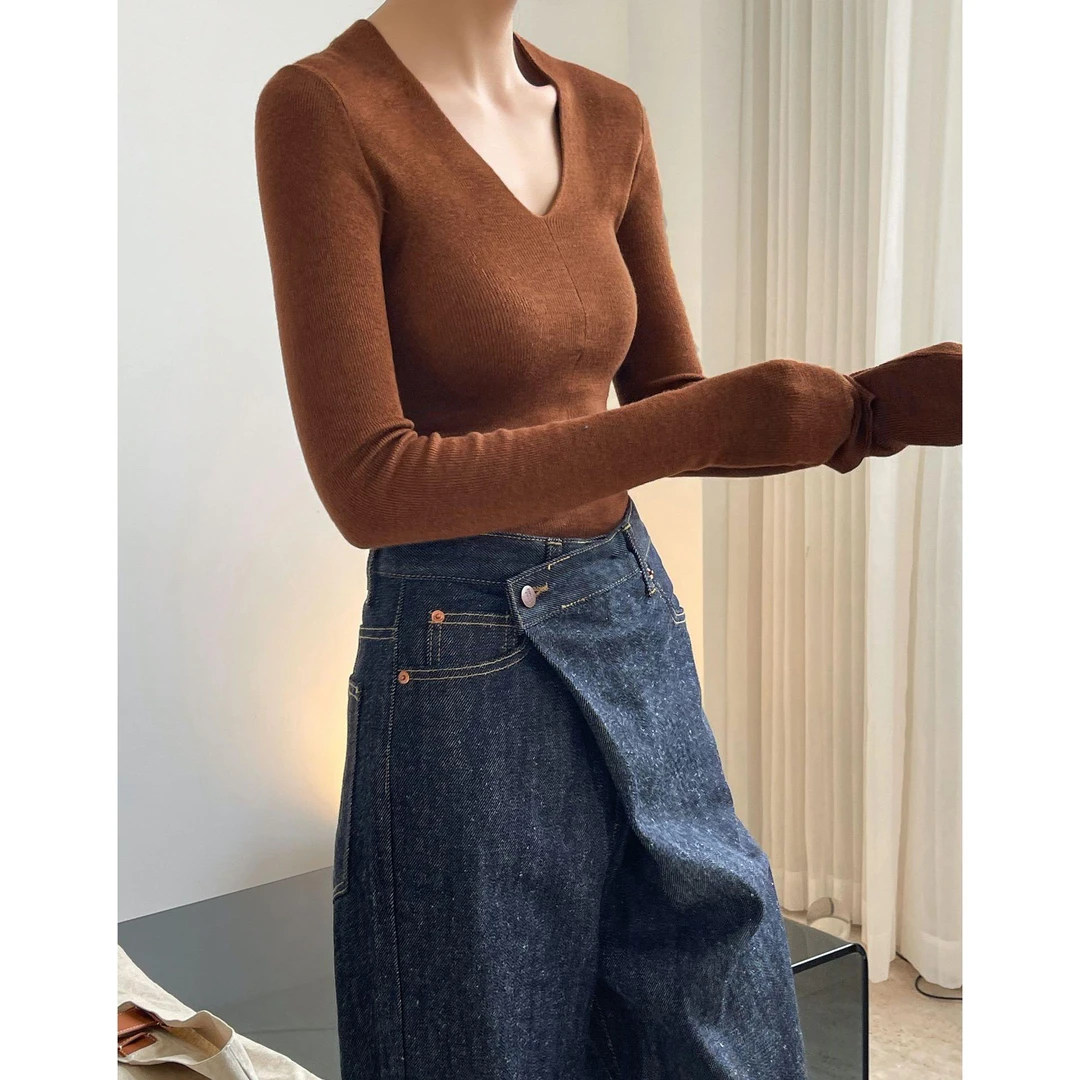 咖色爆款辣妹V领打底衫女秋冬新款基础款内搭长袖修身显瘦上衣潮