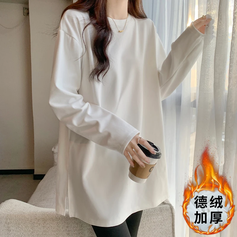 白色德绒打底衫女秋冬内搭中长款遮屁股长袖恤宽松设计感开叉上衣