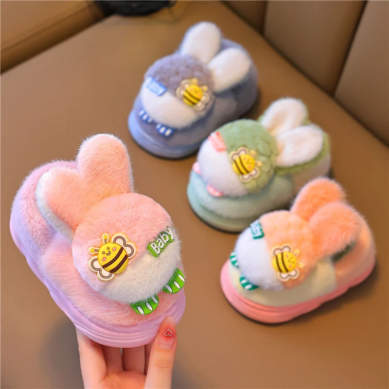 儿童棉拖鞋冬季男女宝宝加厚室内软底小孩包跟中小童毛毛绒棉拖鞋