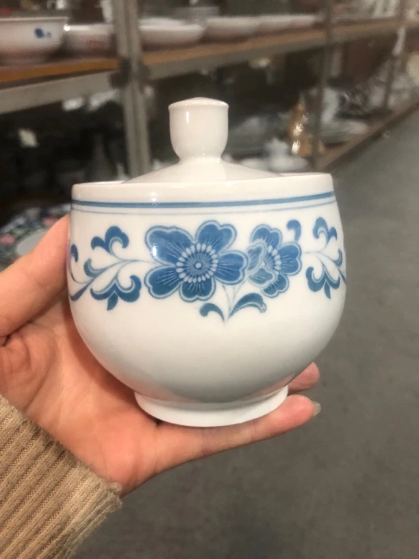 群力80年代茶叶缸炖盅蓝海棠纹老库存清仓容量280毫升