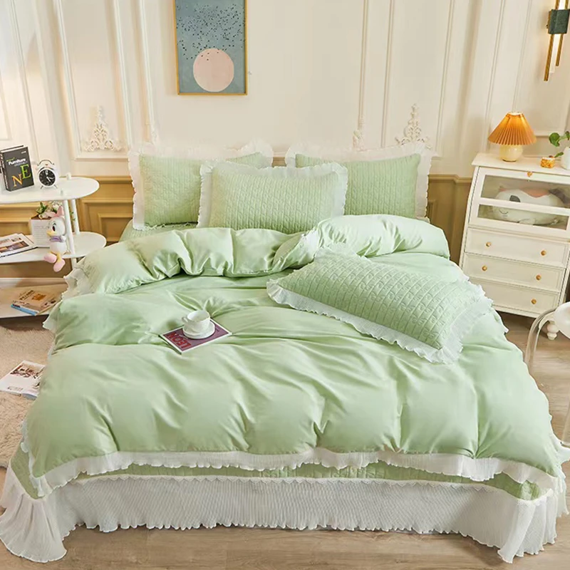 【新品爆款】 全棉床盖款四件套 纯色花边夹棉床罩纯棉四季款床品