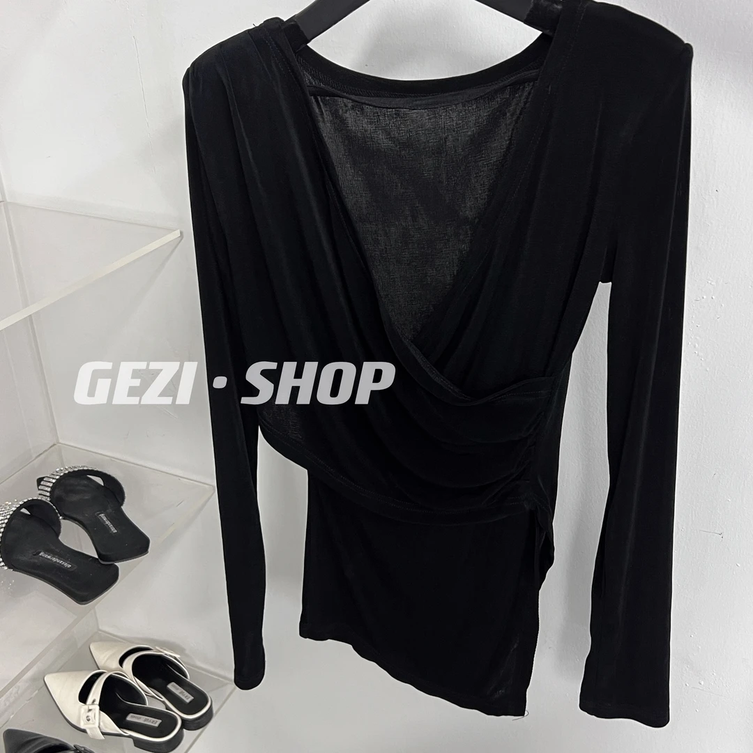 鸽子SHOP 【暗夜】醋酸辣妹穿搭显瘦长袖时尚V领小众设计感个性T恤
