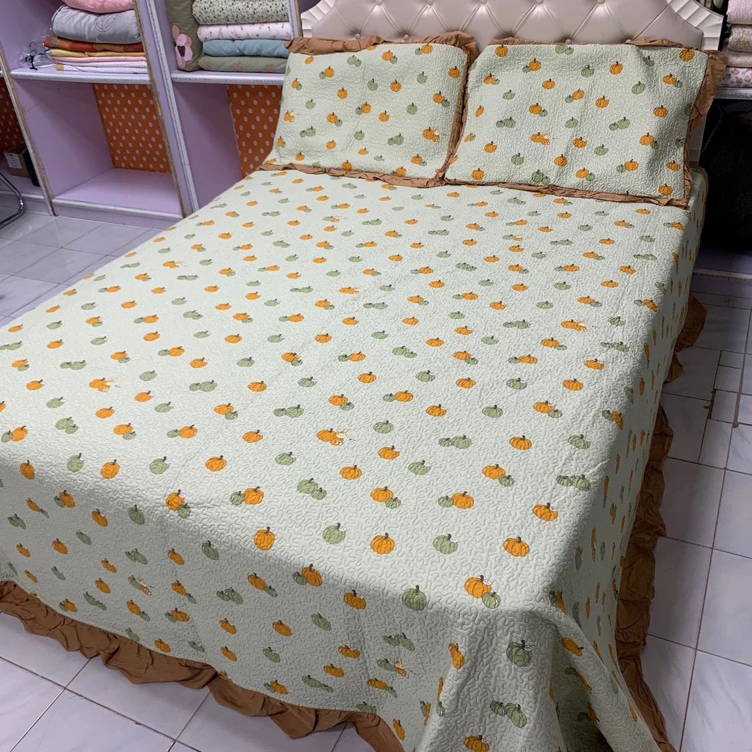 230*250cm全棉金线绗缝木耳边小清新床盖三件套加厚韩式夹棉