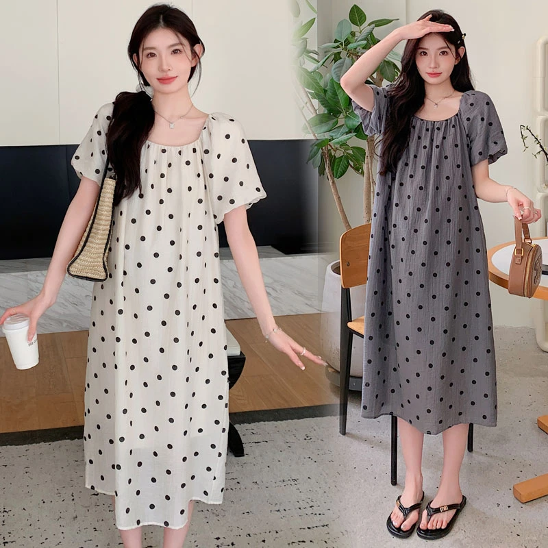 孕妇夏装2024新款波点泡泡袖方领孕妈宽松遮肚气质高级中长连衣裙