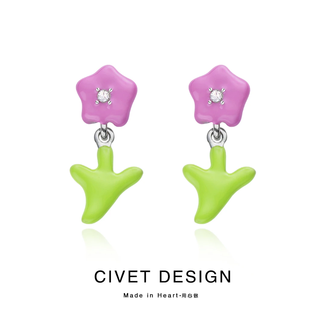 合金耳饰 可爱油画感小花耳环夏日清新甜美温柔耳钉百搭耳夹少女