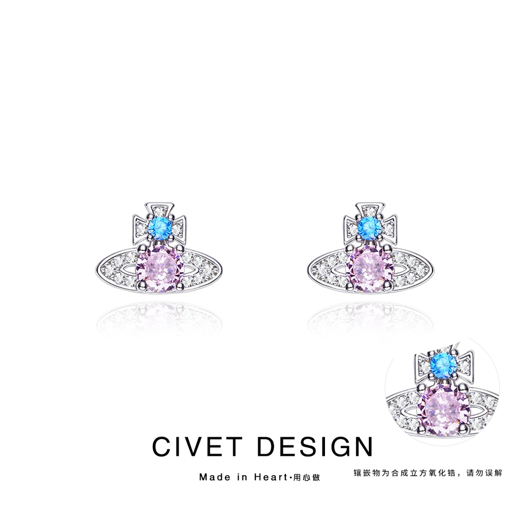 合金耳饰 设计感星球耳钉冷淡风彩色锆石耳环小巧精致简约耳夹女