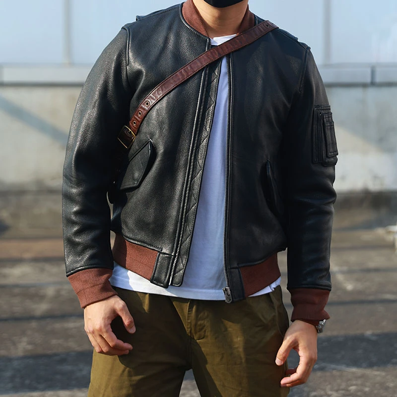复古MA-1飞行服 2.0mm进口老山羊皮 棒球领短款机车皮夹克男皮衣