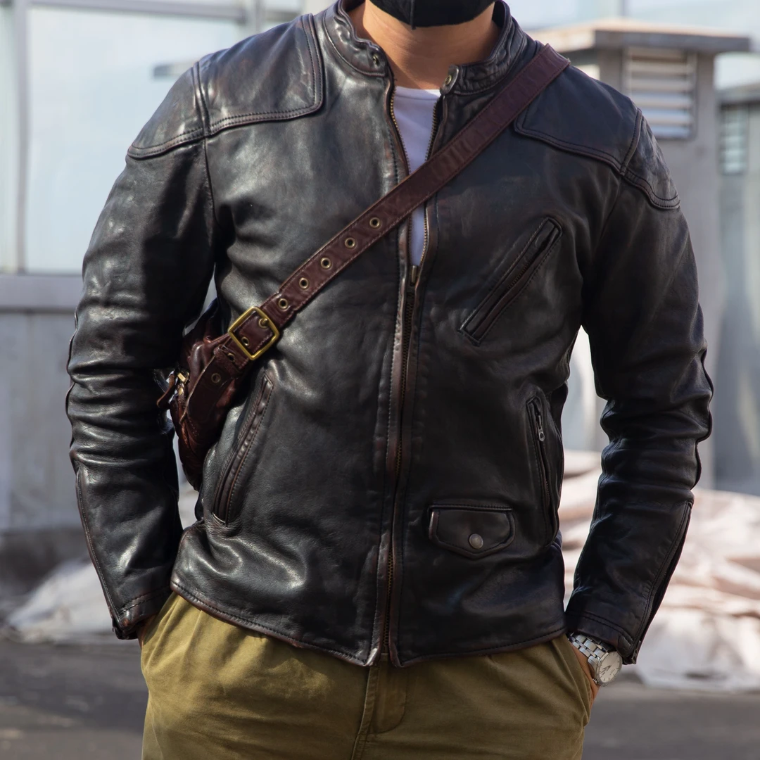 毒液 无涂A级 蜡染头层马皮 立领修身短款机车皮夹克男皮衣 外套