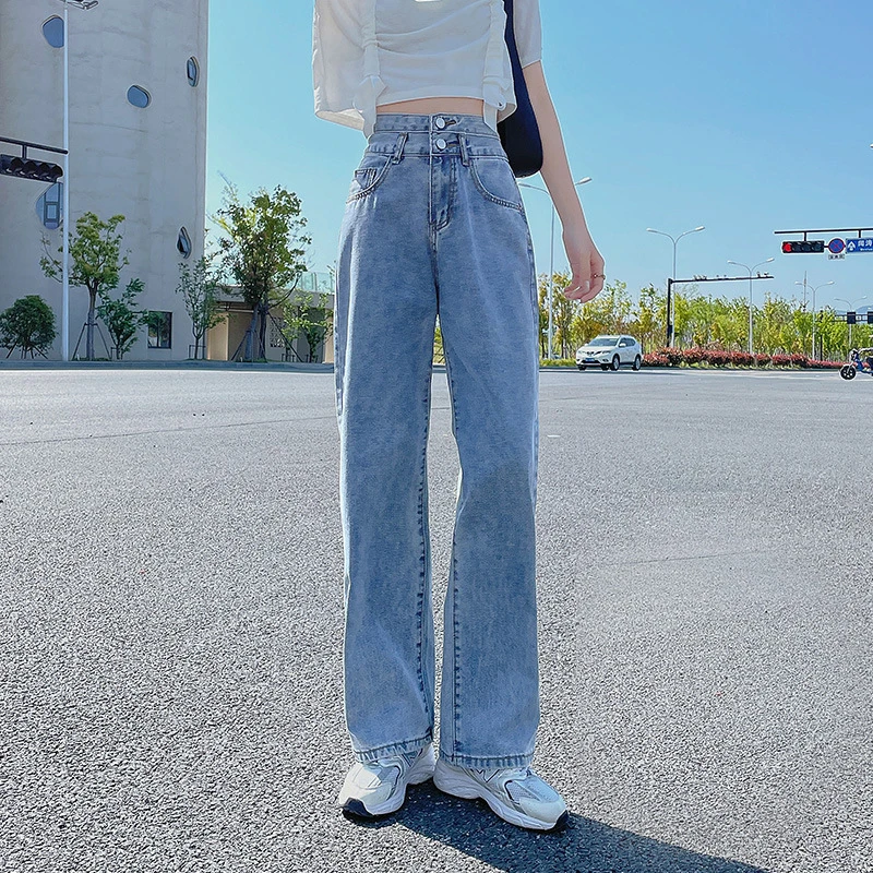 双扣高腰百搭休闲直筒牛仔裤女宽松梨型垂感阔腿牛仔拖地长裤子女