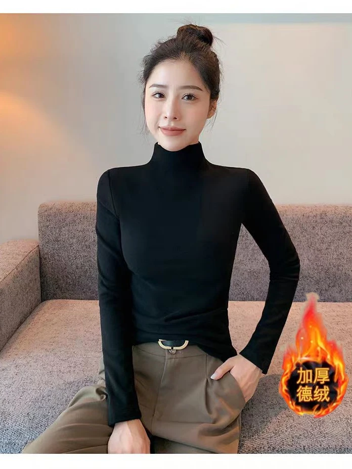 加厚德绒堆堆领打底衫女士修身百搭洋气保暖时髦长袖冬季纯色上衣