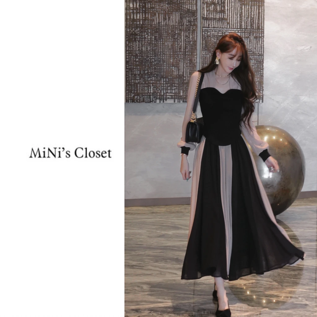 【MiNi推荐】原创高定撞色拼接雪纺气质显瘦套装半身裙两件套JC0229